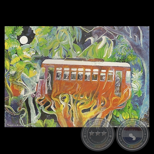 TRANVÍA A LA CASA DE GAUDÍ, 1975 - Óleo de MABEL ARCONDO